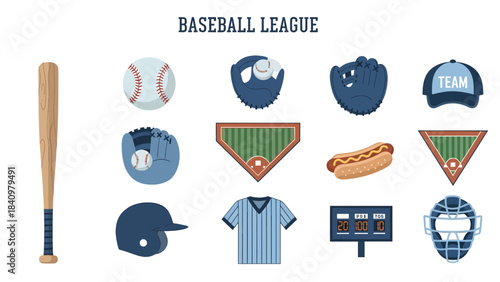A collection of flatstyle icons representing baseball equipment and elements