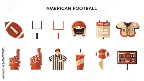 A collection of flatdesign American football icons arranged in two rows