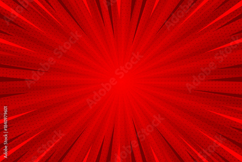 Vibrant red comic-style radial burst background with dynamic speed lines and halftone texture, creating an energetic and dramatic effect perfect for posters, ads, and pop-art designs.