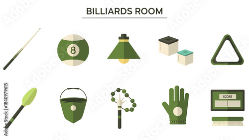 A flat icon set illustrating ten green and beige billiards room objects
