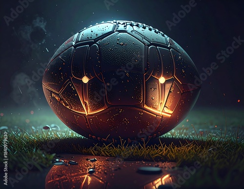Futuristic, glowing American football resting on a wet grass field
