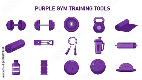 A grid illustration of various purplecolored gym training tools on a white background