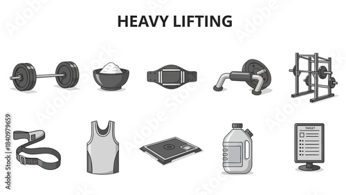 A graphic display of ten black and white heavy liftingrelated equipment and items