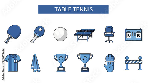 A set of ten blue and white line art icons related to table tennis equipment and awards