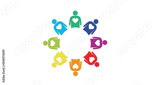 Diverse group of people with hearts symbolizing community and compassion