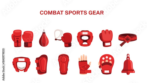 Collection of red combat sports gear icons arranged in two rows