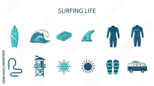 Collection of ten blue and cyan surfingrelated icons arranged in two rows