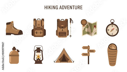 Collection of ten brown and tan icons representing hiking adventure gear