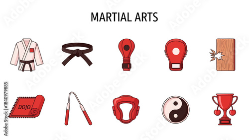 Collection of ten flatstyle vector icons representing various martial arts equipment and symbols