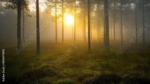 Golden sunlight streams through a misty forest.