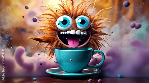 Coffee monster with crazy eyes. Cute character with caffeine energy, very excited
