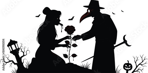 Black silhouette plague doctor and woman with bloody rose horror scene vector illustration