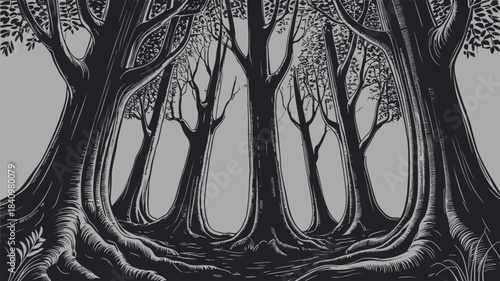 Dark forest path with gnarled ancient trees and exposed roots