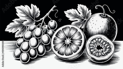 Black and white illustration of fresh fruit including grapes orange and passion fruit