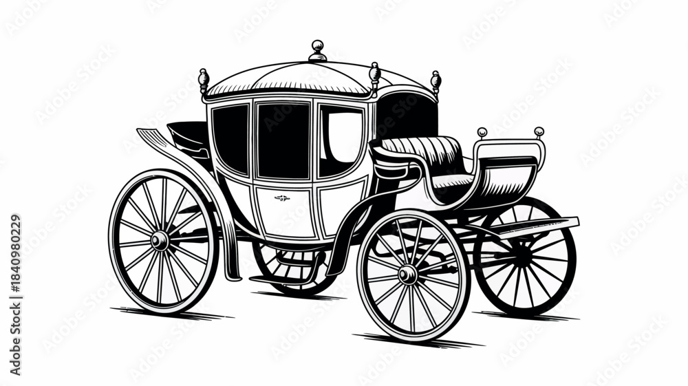 Fototapeta premium Vintage horse drawn carriage illustration in black and white