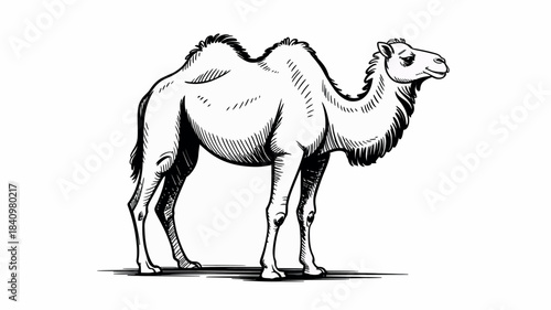 Detailed black and white sketch of a dromedary camel standing