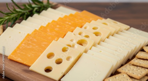 Close up of assorted cheese slices with crackers on a wooden board