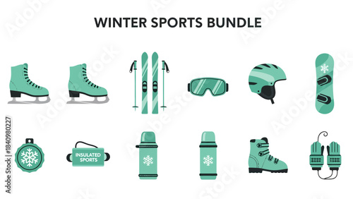 Mint winter sports equipment icons arranged in two rows on a white background