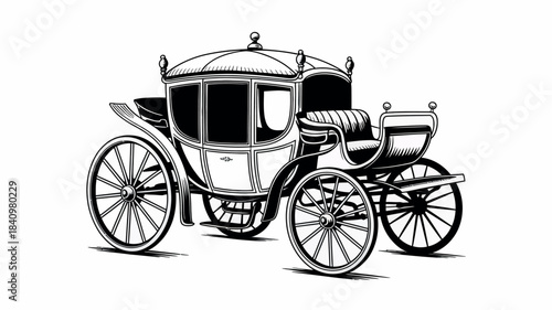 Vintage horse drawn carriage illustration in black and white