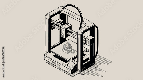 Isometric illustration of a modern 3d printer creating a small object