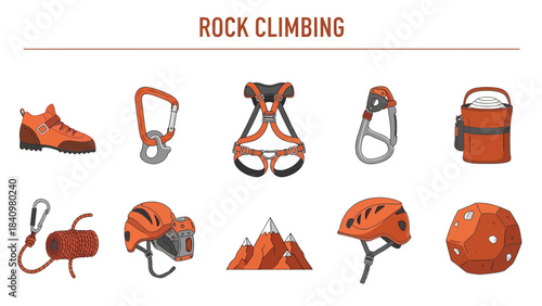 Illustration of ten orange and gray rock climbing gear icons