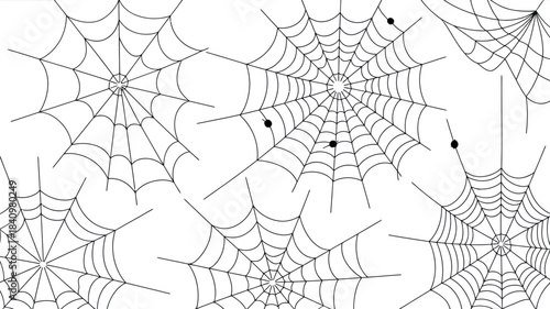 Seamless pattern of detailed black and white spiderwebs on a white background