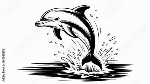 Dolphin jumping out of water in a dynamic black and white illustration