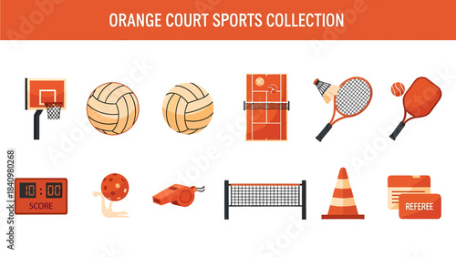Orange court sports collection items including basketball hoop volleyballs court racquet sports gear clock cone and whistle
