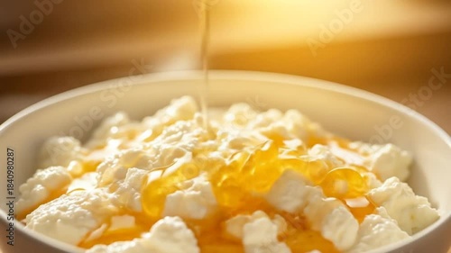 Pouring honey over whipped cream in a white bowl