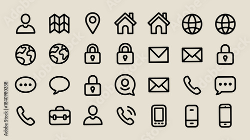 Collection of simple hand drawn outline icons for communication and business