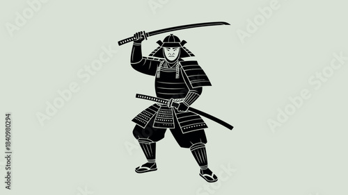 Traditional japanese samurai warrior in armor holding swords