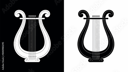 Stylized lyre silhouette in black and white contrast