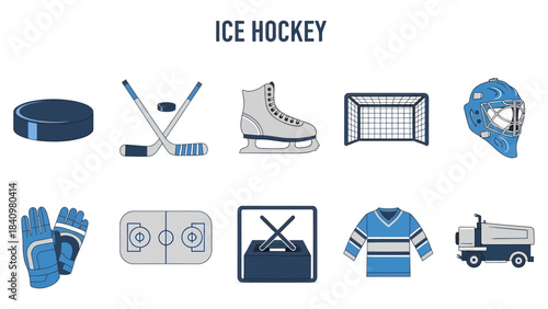 Ten blue and gray icons representing ice hockey equipment rink penalty box jersey and ice resurfacer