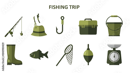 Ten green and dark green icons depicting various fishing trip equipment on a white background