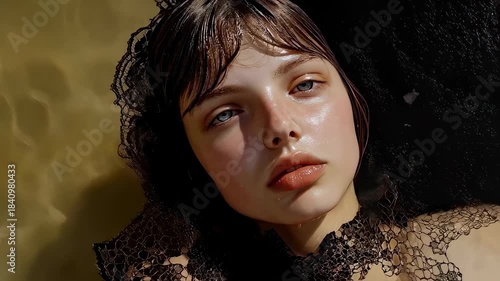 Fashion portrait of a woman with glittering black veil and golden reflections