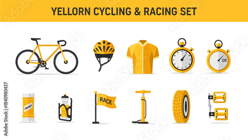 Yellow cycling and racing set icons featuring a bicycle helmet jersey stopwatches and accessories