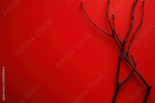 Dark branches on a vibrant red backdrop.