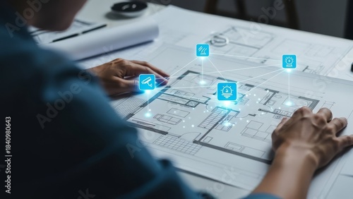 Architect designing future real estate with smart home technology on a detailed blueprint