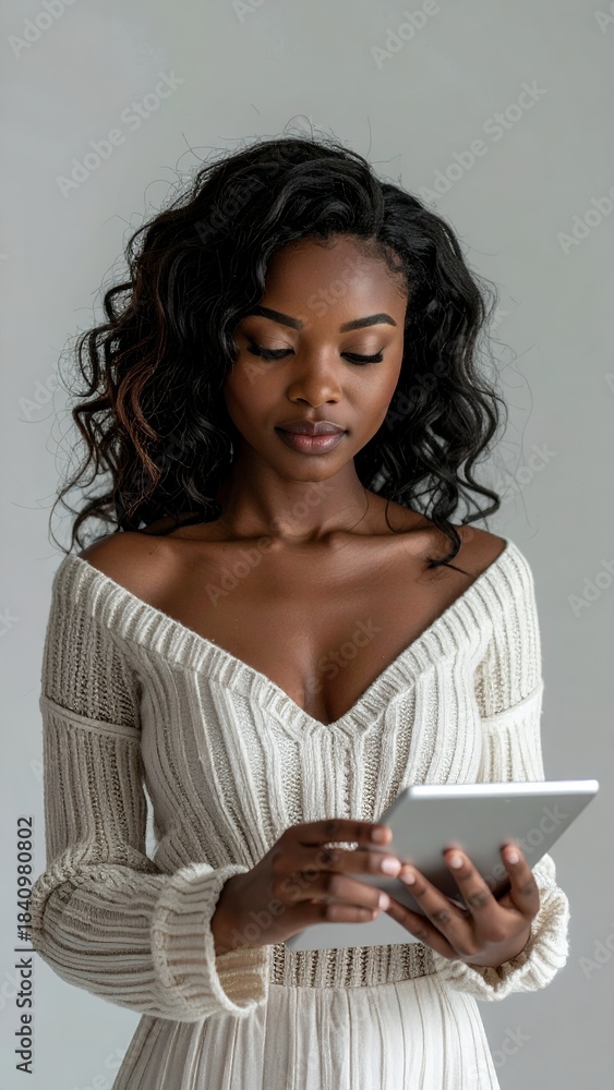 Fototapeta premium Young African American woman focused on her digital tablet.