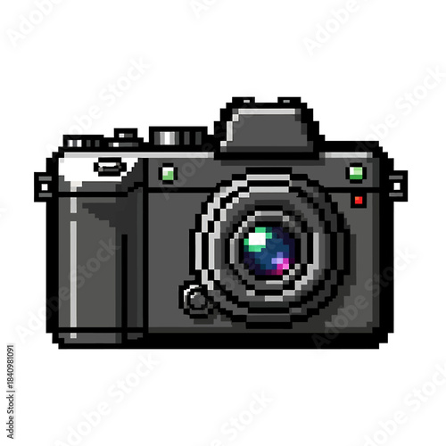 Pixelated vintage camera icon in shades of gray and black, perfect for digital art and graphic design projects