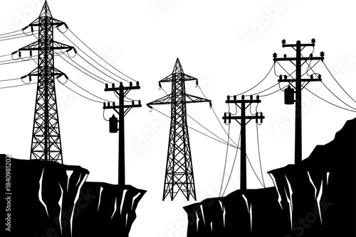 High-voltage transmission towers and utility poles spanning canyon, silhouette power infrastructure, energy connectivity challenge - flavector