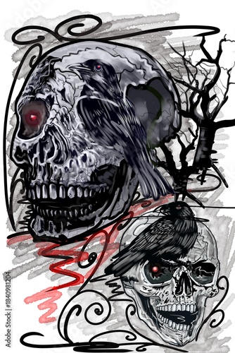 Skull bone​ rock​ design​ and​ birds​ danger​ brush​ ​strokes​ ​style​