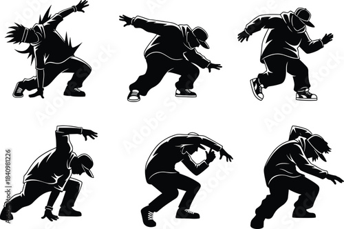 Hip hop breakdance silhouettes in dynamic street dance poses, urban culture energy, athletic movement illustration, flat vector