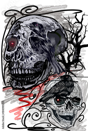 Skull bone​ rock​ design​ and​ birds​ danger​ brush​ ​strokes​ ​style​
