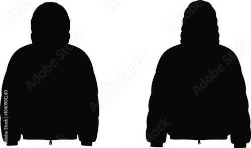 Hooded jacket silhouettes illustration, padded and smooth outerwear fashion design, casual apparel clothing style, flat vector