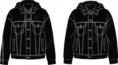 Hooded denim jacket illustration, button front fashion outerwear with pockets and stitching details, modern apparel flat vector
