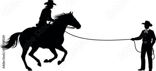 Horse training silhouette – cowboy rider and handler with rope in motion by flavector