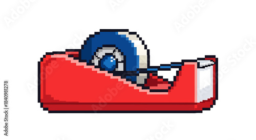 Vibrant pixel art adhesive tape dispenser illustration, a retro digital graphic for office, craft, or design projects, isolated on white