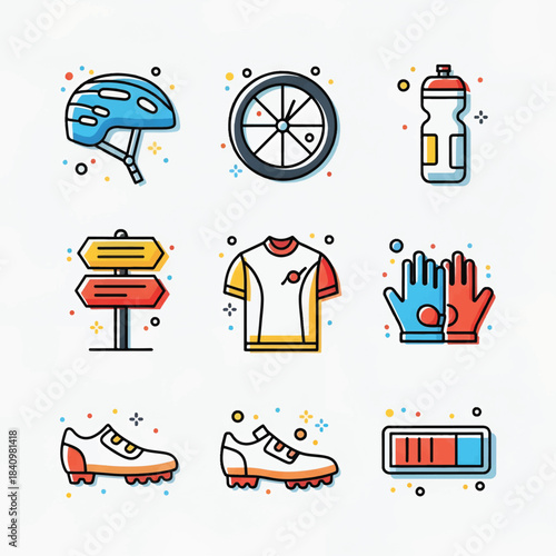 Bright sports icons helmet, wheel, bottle, signpost, jersey, gloves, cleats, battery pack and gear!