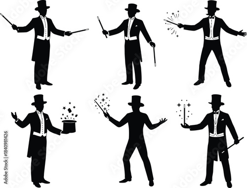 Magicians performing tricks with wands, top hats, sparkles, stage illusion, magic show flat vector illustration